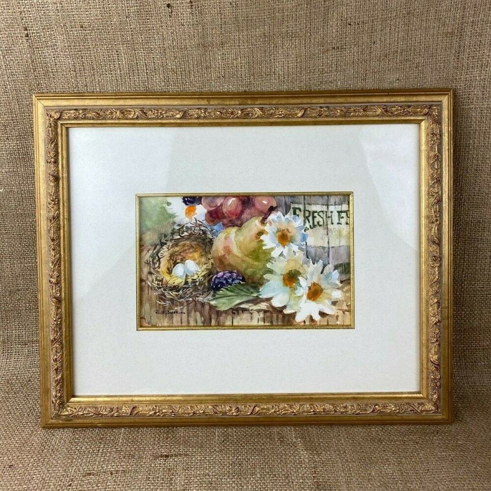 Ruth Baderian Spring Summer Still Life Watercolor Print in Gold Frame